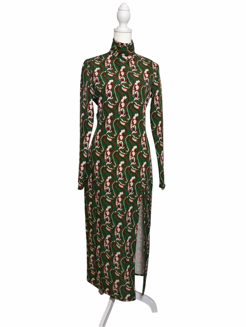 Zara Green Patterned High-Neck Long Sleeve Maxi Dress